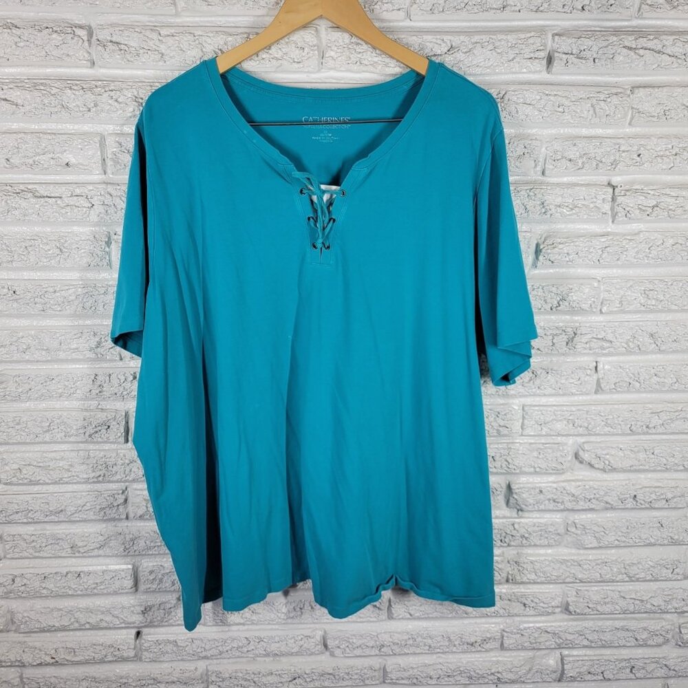 Catherines Plus Size 3X Blue Tunic Blouse Cotton Lace Up Round Neck BLU228E